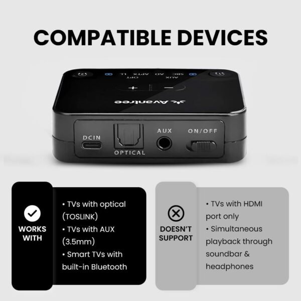 Avantree HT41899 Plus - [2025 Upgrade] Dual Qualcomm-Powered Bluetooth 5.3 Headphones & Transmitter for Wireless TV Watching with aptX Adaptive, Individual Volume Controls, Optical Support, 50hr - Image 3