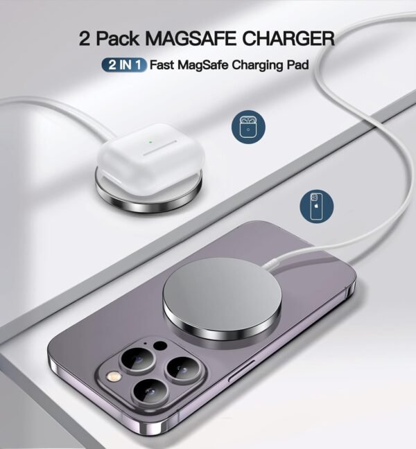 Magnetic Wireless Charger 15W Fast Mag Safe Charger for Cell Phone 16 Pro Max/16 Pro/16 Plus/16/15/14/13/12 Series 2 Pack Charging Pad for AirPods 3/2/Pro 2/Pro Mag-Safe Original Replacement - Image 5