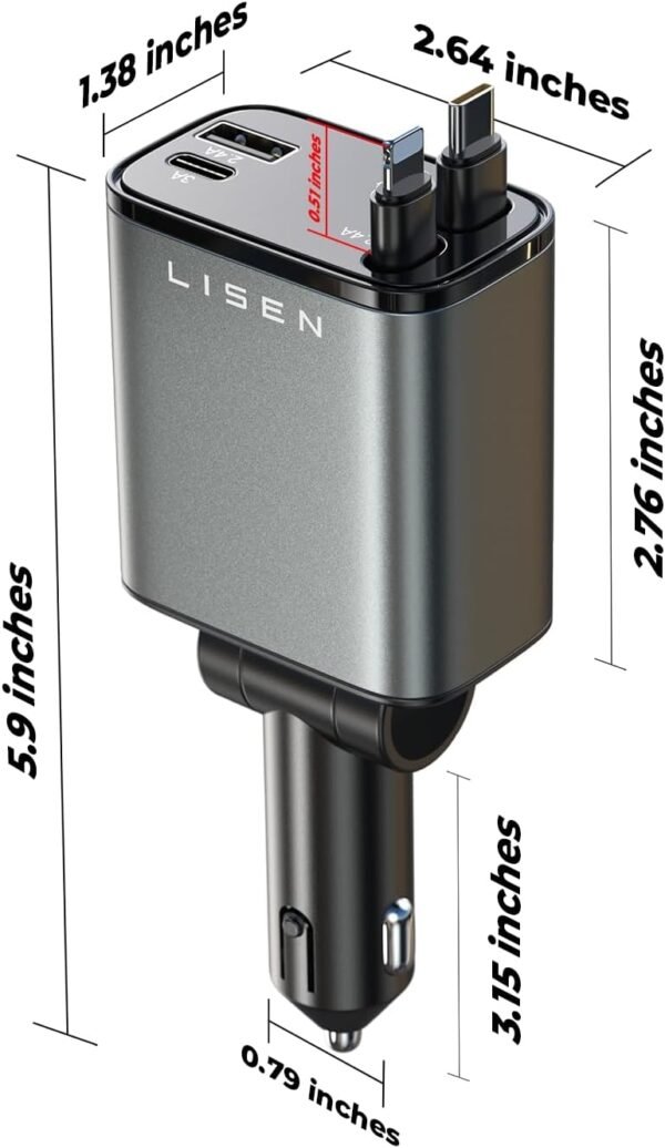LISEN Retractable Car Charger [69W USB C Car Charger Adapter] for iPhone 16 Car Charger Fast Charging, Travel Essential Gifts for Women Men, Car Accessories USBC Car Charger for iPhone 16 15 14, Gray - Image 6