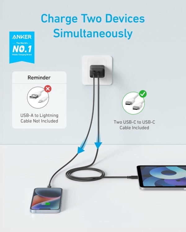 Anker iPhone 16 Charger, USB C Charger, 2-Pack 20W Dual Port USB C Charger Block for iPhone 16 / 15 / 14 and More (2-Pack 5 ft USB C Cable Included) - Image 2