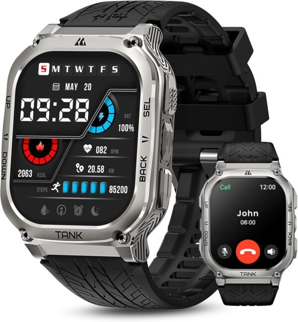 AMAZTIM Smart Watch, 60 Days Extra-Long Battery, 5ATM Waterproof Swimming Diving, Full Metal Military Grade, Answer/Make Call, 2" AMOLED Display, Health Monitor Compatible for iPhone and Android
