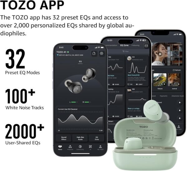 TOZO A1 Wireless Earbuds Bluetooth 5.3 Light Weight in Ear IPX5 Waterproof Headphones 2 Mic for AI Calls, Immersive Premium Sound Bass Headset with Charging Case, 32 Presets EQ Customization via App - Image 6