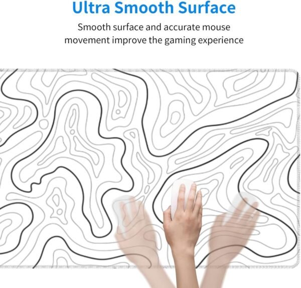 Abstract Topographic Map White Grey Black Gaming Mouse Pad Long Mouse Pad Large Desk Mat 31.5 X 11.8 Inch Mousepad with Non-Slip Base Stitched Edge Keyboard Mat for Gaming Office - Image 3
