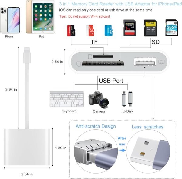 SD Card Reader for iPhone, Memory Card Reader with USB Camera Adapter Plug and Play Trail Game Camera SD Card Viewer Supports SD and TF Card Micro SD Card Adapter for iPad No App Required - Image 2