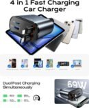 LISEN Retractable Car Charger [69W USB C Car Charger Adapter] for iPhone 16 Car Charger Fast Charging, Travel Essential Gifts for Women Men, Car Accessories USBC Car Charger for iPhone 16 15 14, Gray