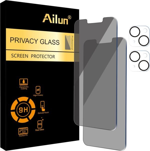 Ailun 2 Pack Privacy Screen Protector for iPhone 14[6.1 inch] + 2 Pack Camera Lens Protector, Anti Spy Private Tempered Glass Film, Case Friendly, [9H Hardness] - HD [Black]