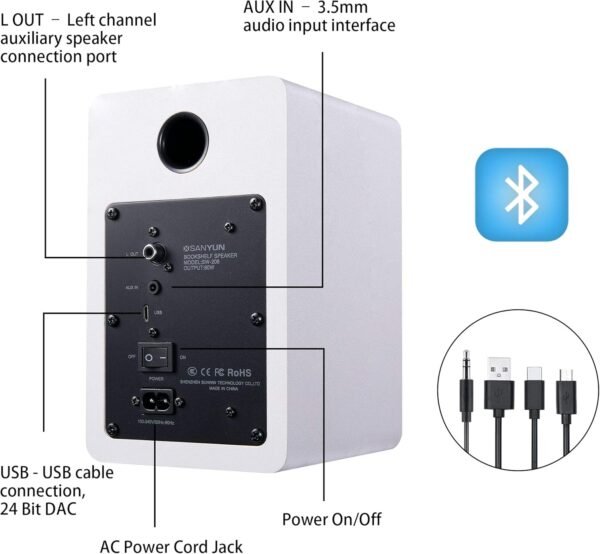 SW208 3" Active Bluetooth 5.0 Bookshelf Speakers – 60W Carbon Fiber Speaker Unit - Built-in 24bit DAC Dynamic 3D Surround Sound 2.0 Computer PC Monitor Gaming (Pair, White) - Image 4