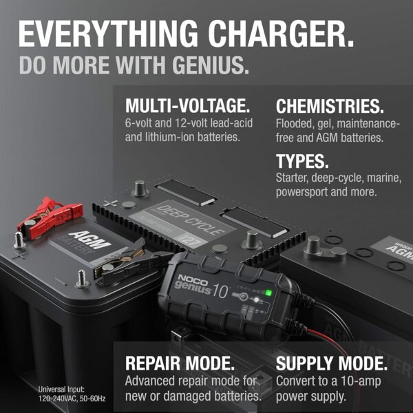 NOCO GENIUS10, 10A Smart Car Battery Charger, 6V and 12V Automotive Charger, Battery Maintainer, Trickle Charger, Float Charger and Desulfator for Motorcycle, ATV, Lithium and Deep Cycle Batteries - Image 5