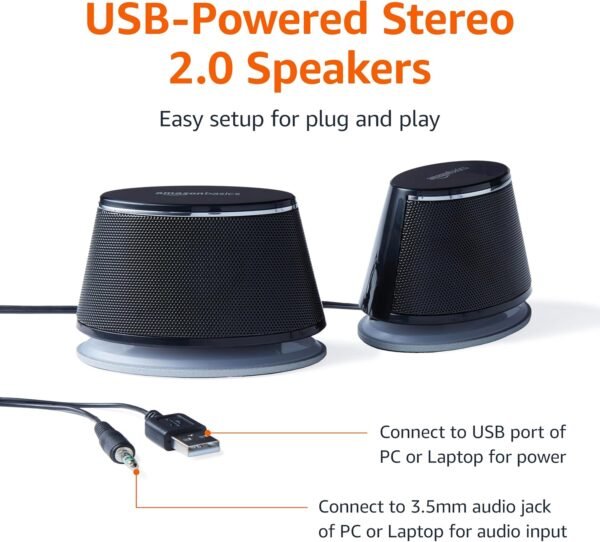 Amazon Basics Stereo 2.0 Speakers for PC or Laptop, 3.5mm Aux input, USB-Powered, 1 Pair, Black - Image 2