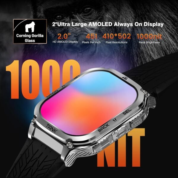AMAZTIM Smart Watch, 60 Days Extra-Long Battery, 5ATM Waterproof Swimming Diving, Full Metal Military Grade, Answer/Make Call, 2" AMOLED Display, Health Monitor Compatible for iPhone and Android - Image 3